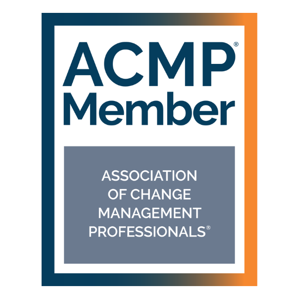 ACMP Member badge from the Association of Change Management Professionals, featuring a white central panel with dark blue 'ACMP Member' text, a grey block with white text, and a dark blue to orange border on a white background.