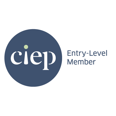 The logo for 'CIEP' is shown featuring a dark blue-grey circular logo with the white lowercase text 'ciep' and a small light green dot above it, alongside the text 'Entry-Level Member' in dark blue-gray on a plain white background.