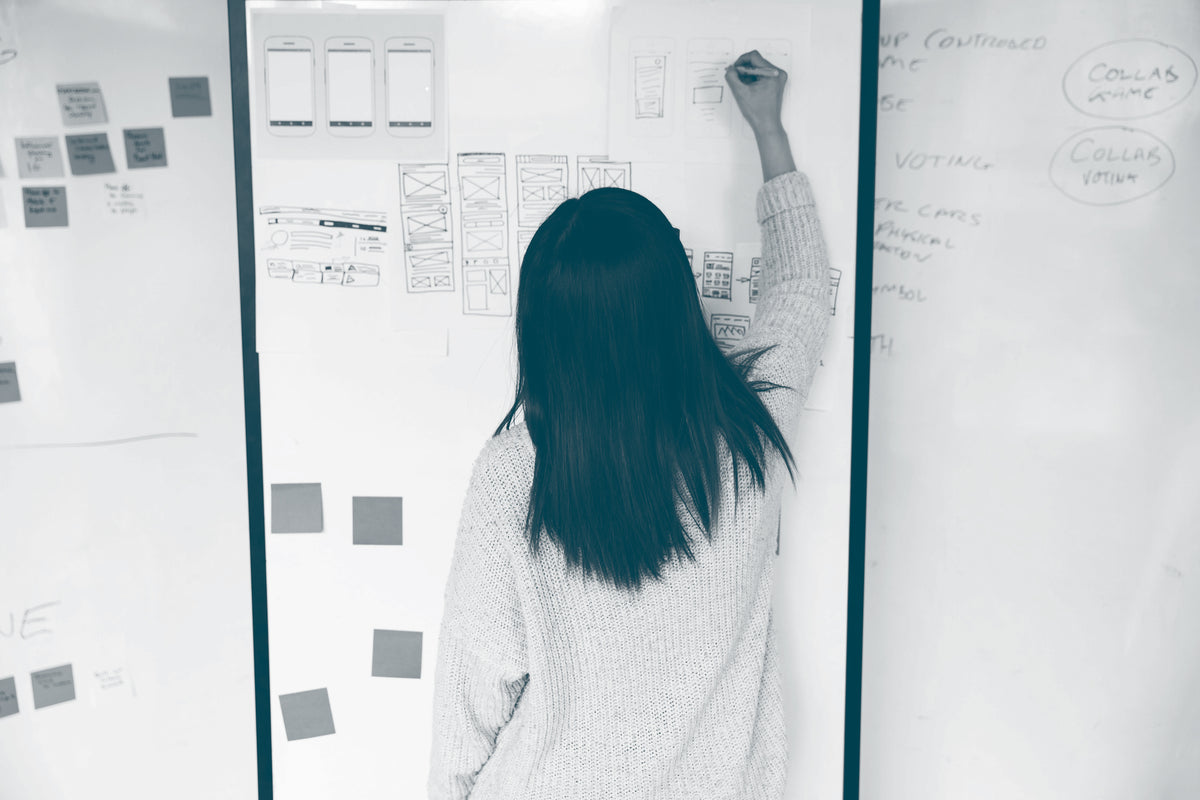 A whiteboard with sticky notes and handwritten notes. In front of the board, we can see a women in a pale top with dark hair, facing away from us and towards the board as she writes something.
