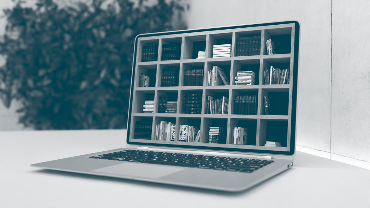 A laptop sits open on a table. Displayed on the screen is 3D graphic of a modular wooden bookshelf filled with books. The background features a soft-focus plant on the left and a plain wall on the right.