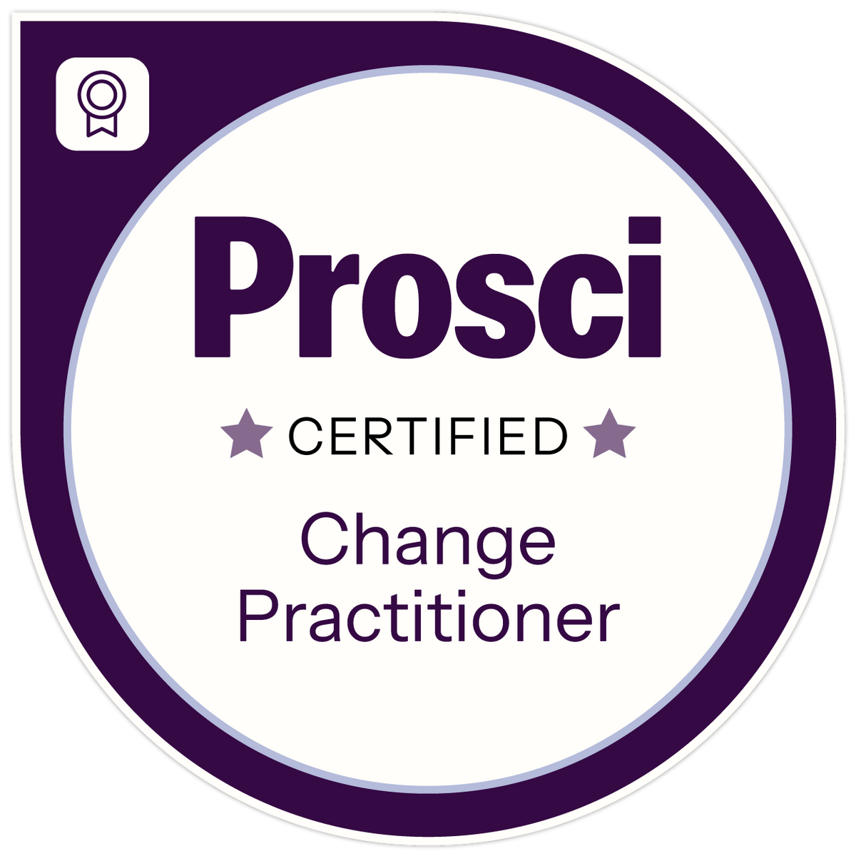 A circular Prosci Certified Change Practitioner badge with a white centrd, dark purple border and text, and a small ribbon icon in the top-left corner.