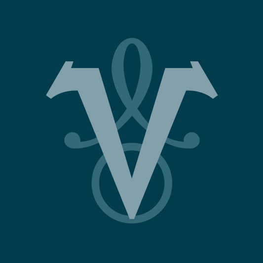 A stylized monogram logo featuring a large pale teal letter V with decorative flourishes behind it, centred on a dark teal background.